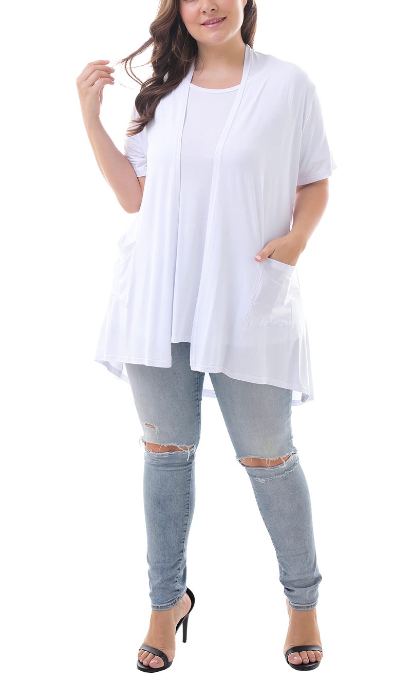 ZERDOCEAN Women's Plus Size Short Sleeve Lightweight Soft Printed Drape Cardigan with Pockets White 4X - Image 5
